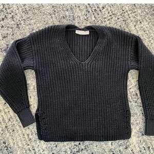 Everlane Women's XXS Cable Knit Sweater Black V Neck Comfy Chunky Pullover EUC
